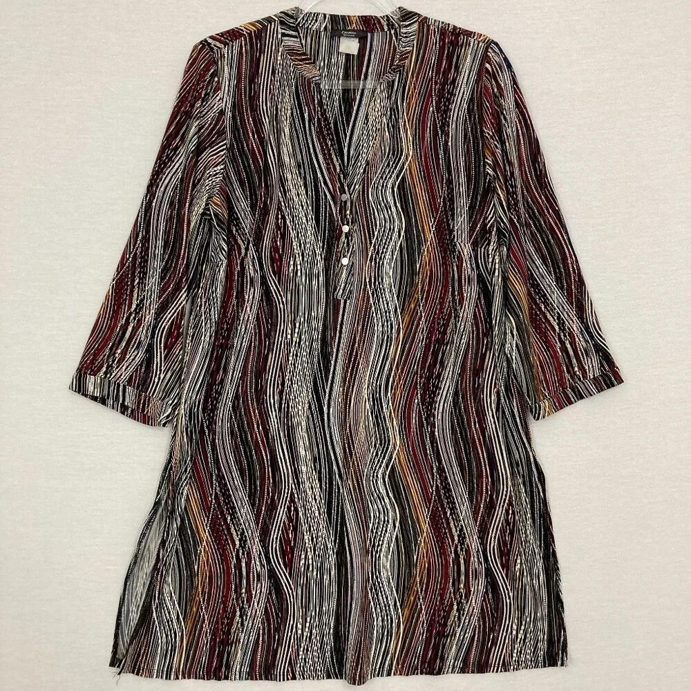 Cocomo Multi Color Wavy Print Side Slit Stretch Button Popover Tunic 1X